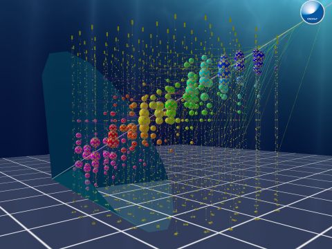 The visualisation of a simulated event in the KM3NeT/ORCA detector. 