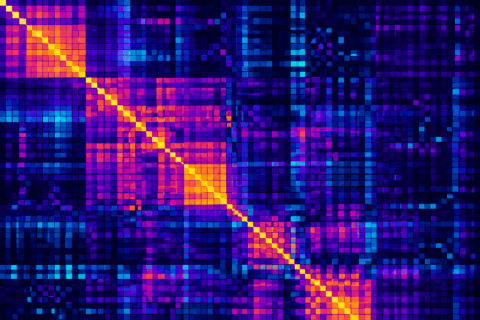 Artistic representation, generated using OpenAI’s artificial intelligence, of a heatmap inspired by the weight matrix of a Hopfield network. The colors indicate connections of varying strength between neurons; the image is for illustrative purposes and does not represent real experimental data.