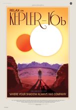 "Like Luke Skywalker's planet "Tatooine" in Star Wars, Kepler-16b orbits a pair of stars. Kepler-16b is a gas giant, like Saturn, so it would have no solid surface to stand on. The view here is of and from an imagined nearby moon. Prospects for life on this unusual world aren't good, as it has a temperature similar to that of dry ice. But the discovery indicates that the movie's iconic double-sunset is anything but science fiction."  Courtesy NASA/JPL-Caltech 
