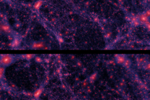 Two images from the Quijote simulations used in this study. The panels show the same region of the Universe, but in different cosmological models. The top image corresponds to the standard ΛCDM model, while the bottom image shows a universe with massive neutrinos and modified gravity. The differences are subtle, but they reveal how changes in the underlying physics can affect the formation and distribution of cosmic structures. Credit: Francisco Villaescusa-Navarro